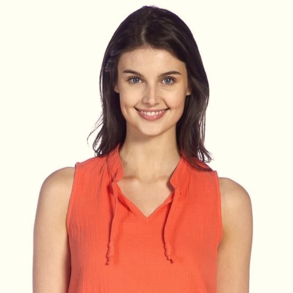 🆕Tangerine-Bubble Gauze Notch Collar Tank Top - Picture 2 of 5